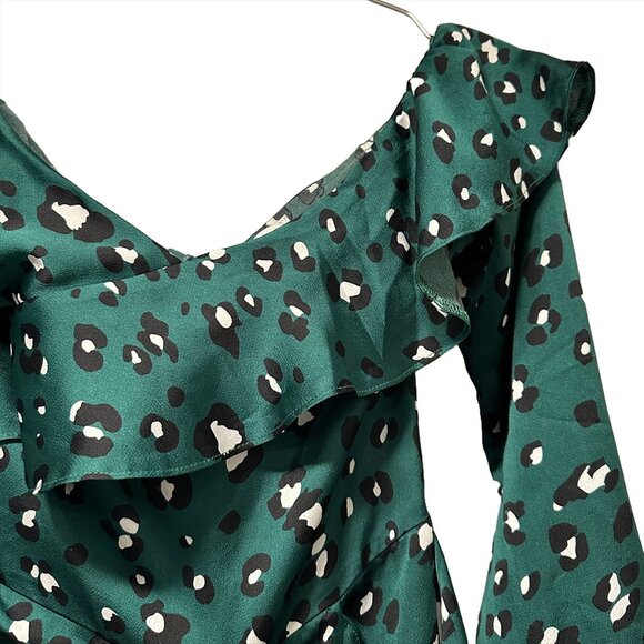 NEVER FULLY DRESSED Georgia Mini Dress - EUC - Small - green leopard -‎ ruffles - Picture 3 of 9